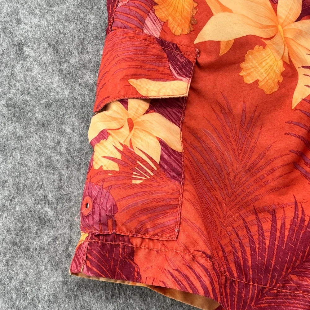 Tommy Bahama Mens Red Tropical Floral Swim Trunks Mesh Liner Cargo Pocket Sz S